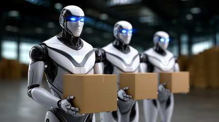 Robots hold boxes in warehouse. Industrial environment with bright lights and organized shelves. Concept of automation, logistics, warehouse management.の素材