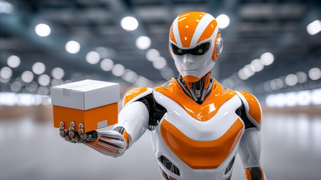 Robot holds small package in large warehouse setting. Bright lights illuminate open space with many shelves. Concept automation, logistics, technology advancement.の素材