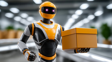 Robot stands in modern warehouse while holding orange box. Bright interior features shelves filled with packages. Concept of logistics, shipping services, automation technology.の素材