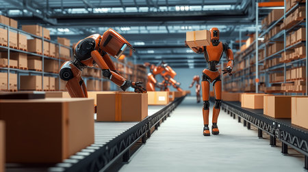 Robots sort and organize boxes in a warehouse setting. Brightly lit interior with rows of storage shelves and automated systems. Concept of logistics, automation, warehouse management.の素材