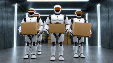Robots carrying boxes in a warehouse environment. Clean and organized setting with bright overhead lights, illustrating innovation in logistics. Concept of automation, robotics, delivery.の素材