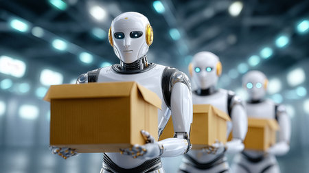 Robots carry cardboard boxes down a high-tech warehouse. Bright lights provide clear visibility. Concept of logistics, automation, robotics industry.の素材