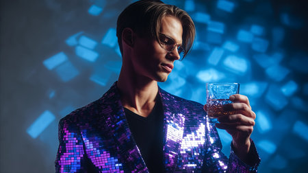 Man holds glass of whiskey while wearing shiny purple suit. He stands against a colorful abstract background. Concept of nightlife, fashion, entertainment.の素材