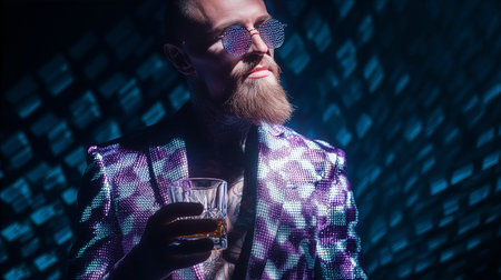 Man looks at camera holding glass with drink in vibrant suit. Bright lights create patterns around him in a social setting. Concept of nightlife, fashion, events.の素材