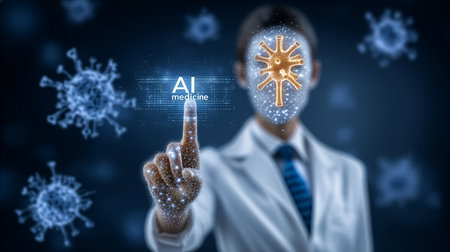 Person in lab coat points at AI medicine display. Background shows floating virus graphics in a digital space. Concept of healthcare technology, artificial intelligence, research.の素材