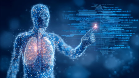 Human figure made of glowing elements points at digital data in a high-tech setting. Concept of healthcare, technology, data analysis.の素材