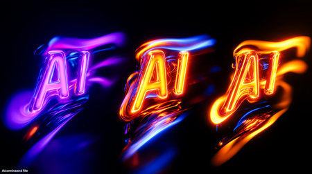 Neon letters form AI glowing in purple and orange light. Dark backdrop enhances colors, creating a tech-inspired design. Concept of tech startups, digital innovation, design agencies.の素材