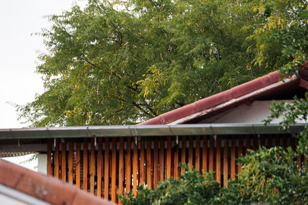 The roof of a wooden house against the background of green trees.