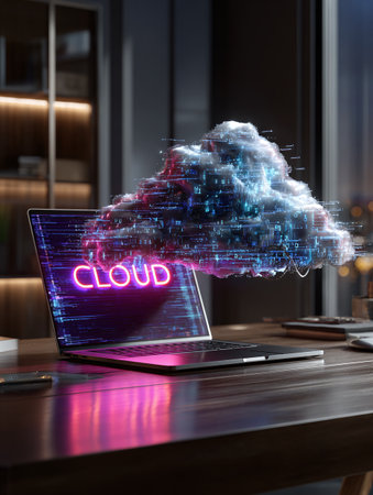 Futuristic Cloud Computing: Data Flowing from Laptop to Phone in a Digital Worldの素材