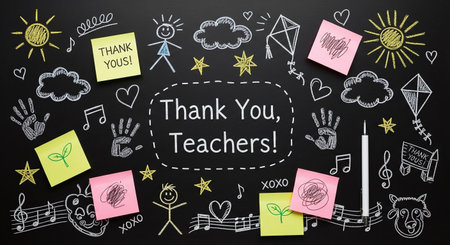 Student Doodles: 'Thank You, Teachers!' Message on a Blackboard with Drawingsの素材