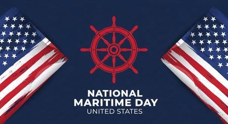 National Maritime Day graphic with flags and a red ship's wheel.の素材