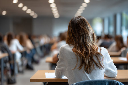 Students taking an exam in a well-lit modern university auditorium.の素材