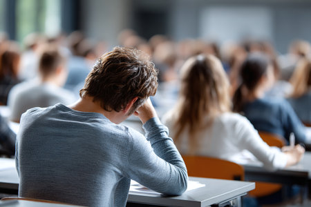 Students taking an exam in a well-lit modern university auditorium.の素材