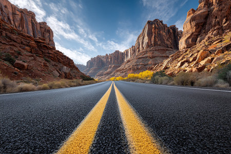 road cutting through a dramatic desert landscapeの素材