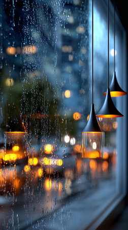 window covered in streaks of rain, with three modern, minimalist pendant lights hanging down in the foregroundの素材