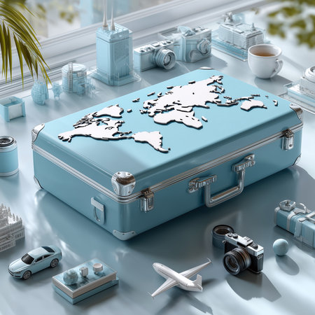Turquoise travel suitcase with world map and surrounding travel icons.の素材