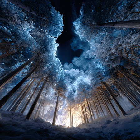 Enchanting Winter Forest Starry Sky Snow Nature Landscape Art Print Home Decor Designの素材