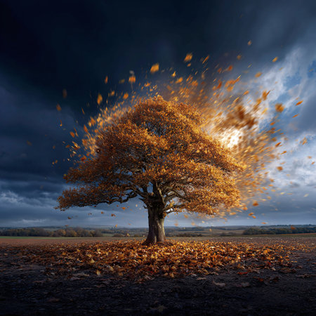 Single golden tree standing strong as autumn leaves blow in a storm.の素材