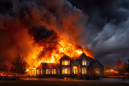 Intense House Explosion Fire Disaster Dramatic Scene Safety Awareness Art Print Designの素材