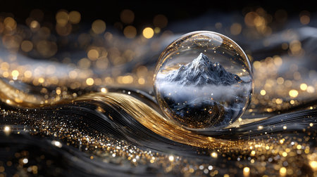Crystal Ball Mountain Reflection Golden Sparkles Magic Fortune Telling Mysticalの素材