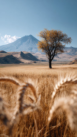 Scenic Autumn Tree Mountain Wheat Field Landscape Nature Art Print Home Decor Designの素材