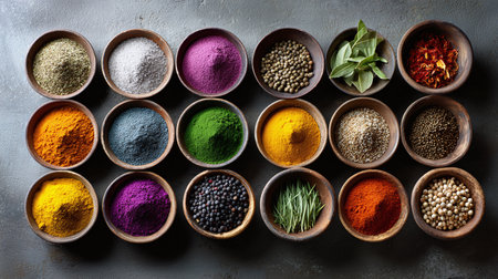 Vibrant Spices Herbs Bowls Culinary Art Kitchen Decor Food Photography Print Designの素材