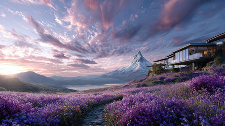 Magnificent mountain villa surrounded by blooming lavender fields under a dramatic sunset skyの素材
