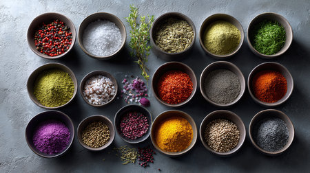 Vibrant Spices Herbs Bowls Culinary Art Kitchen Decor Food Photography Print Designの素材