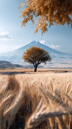 Scenic Autumn Tree Mountain Wheat Field Landscape Nature Art Print Home Decor Designの素材