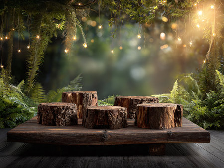 Rustic outdoor product display with wood podiums in a magical, sunlit forest.の素材