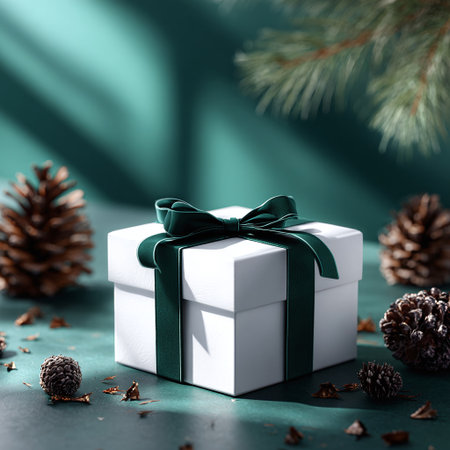 Elegant white gift box with a dark green ribbon on a green background.の素材