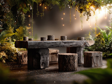Rustic forest table with wooden log chairs and twinkling fairy lights.の素材