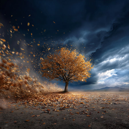 Epic Autumn Tree Leaves Explosion Stormy Sky Nature Landscape Art Print Home Decor Designの素材