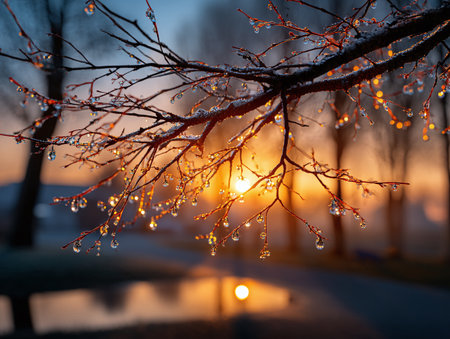 Stunning close-up of a frosted branch with melting ice drops at sunrise.の素材