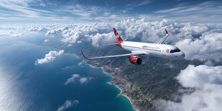 Airline Plane Flying Over Scenic Ocean Coastline for Travel Adsの素材