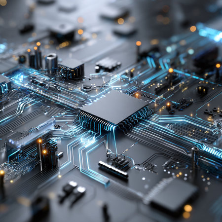 High-Tech Circuit Board with Glowing Blue Connections for Business Tech Adsの素材