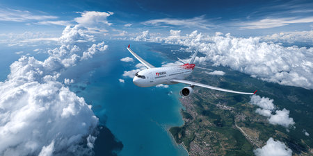 Airline Plane Flying Over Scenic Ocean Coastline for Travel Adsの素材