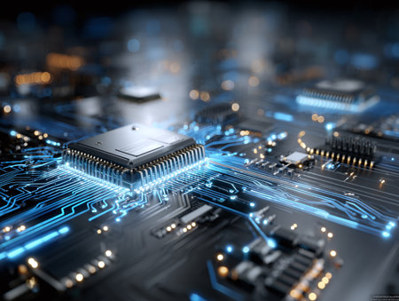 Futuristic CPU processor on a circuit board with glowing golden lines.の素材