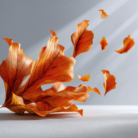 Autumn Falling Leaves with Warm Sunlight for Seasonal Marketing Campaignsの素材