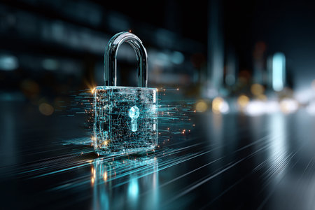 Digital Cybersecurity Lock on Circuit Board for Tech Security Marketingの素材