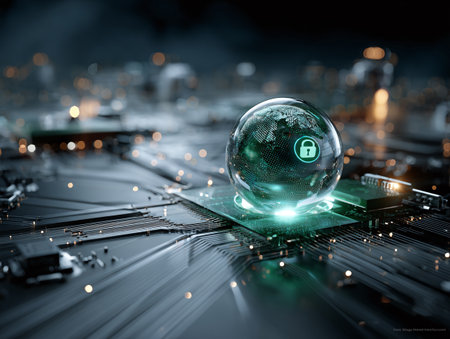 Digital Cybersecurity Lock on Circuit Board for Tech Security Marketingの素材