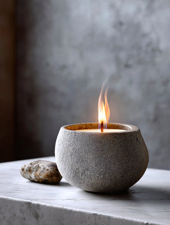 Minimalist Candle on White Marble for a Peaceful, Serene Ambianceの素材