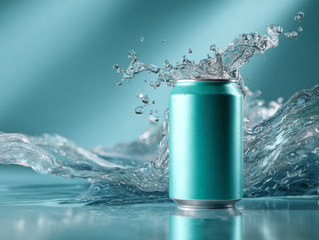 Refreshing Aqua Energy Drink Can with Water Splash for Beverage Adsの素材