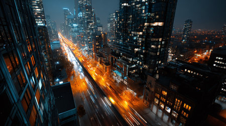 A High-Angle Aerial Shot of a Bustling City Street at Night with Light Trails.の素材