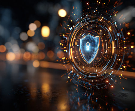 A Glowing Digital Shield Symbol for a High-Tech Cybersecurity Concept.の素材
