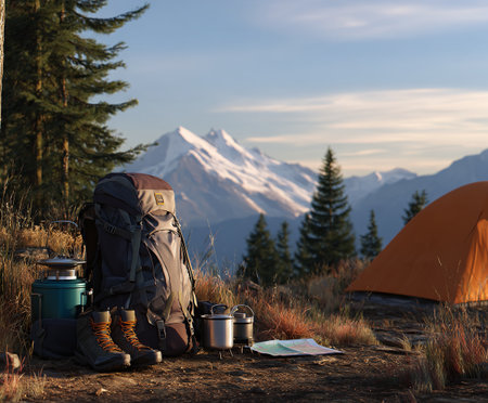 Hiking Backpack and Camping Gear Ready for a Mountain Adventure and Explorationの素材