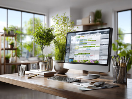 Modern Desk with Digital Calendar and Office Supplies for Productivityの素材