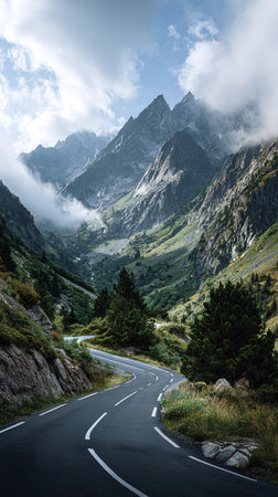 Winding Mountain Road Scenic Alpine Valley Drive for Travel Agency Ads and Adventure Tourismの素材