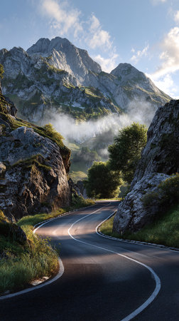 Winding Mountain Road Scenic Alpine Valley Drive for Travel Agency Ads and Adventure Tourismの素材