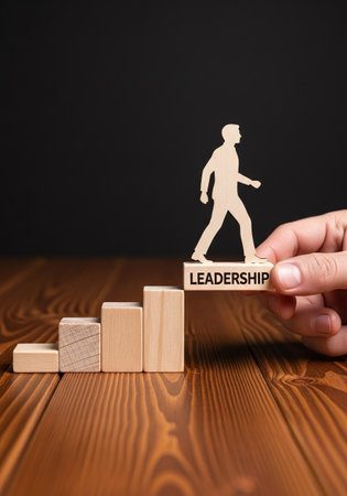 Hand placing leadership wooden block stairs career growth development success conceptの素材
